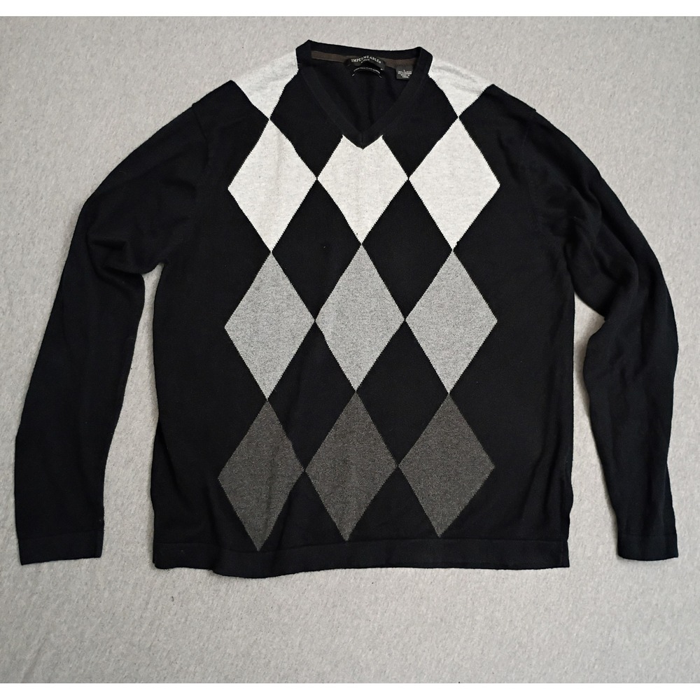 Impermeable Platinum Mens Black Argyle V-Neck Cotton Cashmere Sweater Large